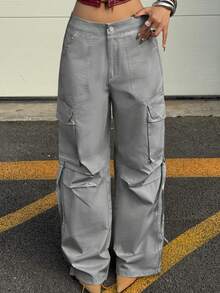 Women's Y2K Streetwear Flap Pocket Strap Detail Loose Casual Wide Leg Parachute Cargo Pants Spring - Grey - View 8