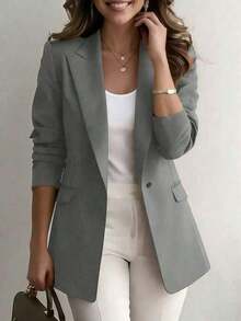 Chaqueta de blazer de unicolor con solapa para mujer, de manga larga con botones y bolsillos, adecuada para otoño, invierno y primavera.Chaqueta de oficina de manga larga, prenda exterior versátil para negocios y hogar, apta para otoño, invierno y primavera - Gris - Ver 2