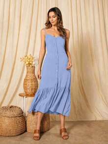 Long Dress In Viscose Linen, Plain, With Thin Straps, Buttons Down The Front, Padded Cups And Lining. Elasticated Back. - Baby Blue - View 8