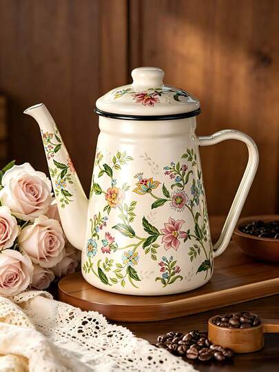 1pc 1.1L Capacity Enamel Teapot, Traditional Retro Floral & Bird Pattern, Versatile Enamel Kettle For Kitchen & Bedroom, Multifunctional