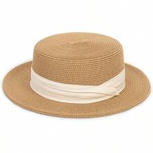 Straw Boater Summer Hat - Wide Brim Fedora Panama Summer Beach Hat Men Women(Size: Large) - 中號 + 米色錶帶 - 查看 6