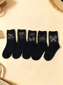 5 Pairs Kids Boat Socks, European & American Style Printed & Rhinestone Socks, Rhinestone Design Teenage Socks, Sweet Lady Princess Girl Gift, Back To School Student Daily & Sports Ankle Socks - Black - View 5