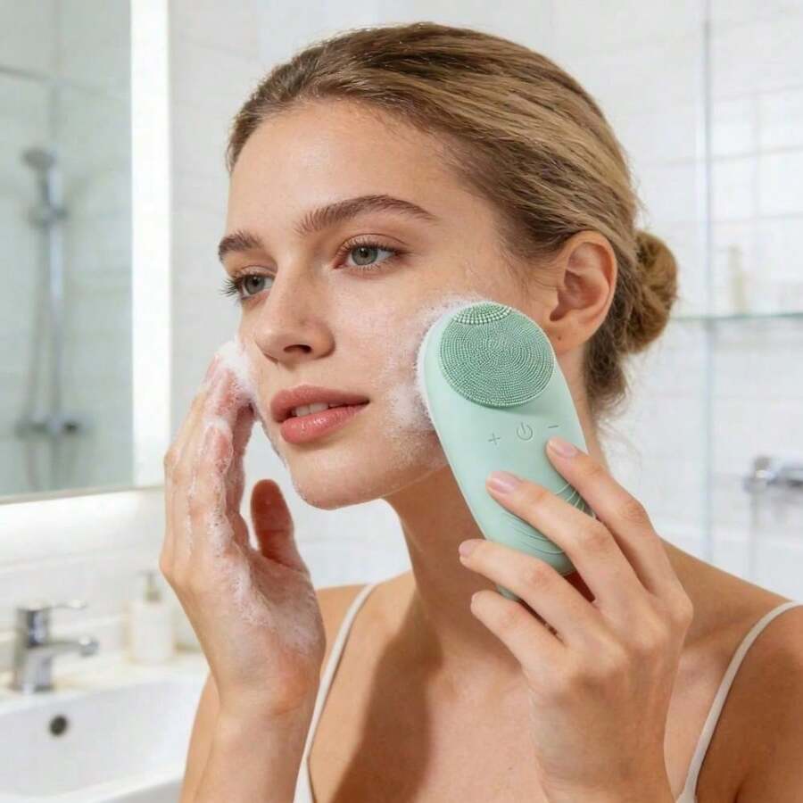 Portable Electric Silicone Facial Cleanser With Waterproof Vibration Massage Function, 5 Modes, Deep Skin Exfoliating Facial Brush. - 薄荷綠 - 查看 1