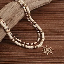 1pc Men's Fashion Coconut Shell Rice Bead Necklace, Hip-Hop Style Sun Pendant Collarbone Chain, Premium Sun Pendant Collarbone Chain Suitable For Men And Women, Men's Hip-Hop Jewelry - White - View 2