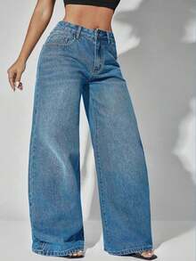 Jeans casuales de cintura baja y pierna ancha de color azul con bolsillos en diagonal, ropa de verano y primavera - Ambición azul - Ver 7