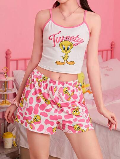 Noctvar OBM Sleepwear X LOONEY TUNES 可爱卡通兔子和鹦鹉印花吊带背心和短裤睡衣套装，舒适家居服，女士