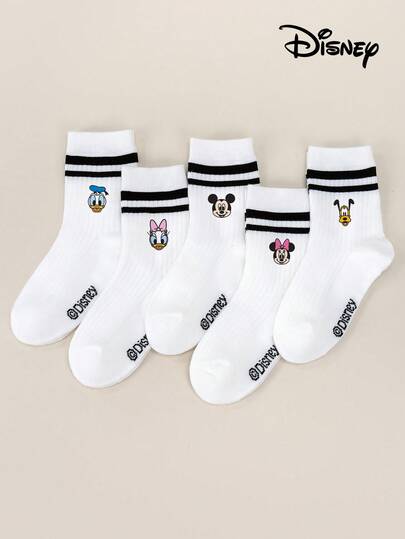 Disney Set de 5 calentadores de pierna hasta la pantorrilla con estampado de personajes de dibujos animados para niños, con diseños de Stitch, Donald Duck y Daisy Duck, calentadores de pierna blancos con doble raya