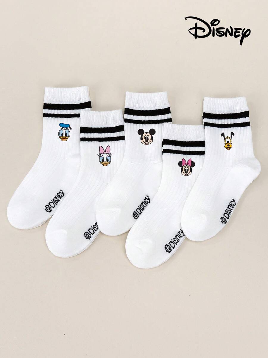 Disney 5件套卡通人物印花儿童中筒护腿套，图案包括史迪奇、唐老鸭、黛丝鸭，白色双条纹护腿套 - 彩色 - 查看 1