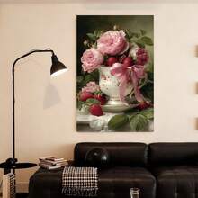 Con marco 2D plano, 2D plano, arte 2D con tazas de té románticas, rosas y fresas, perfecto para Pascua. Estos pósters de lienzo con marco de sirven como elegantes decoraciones de pared para cualquier habitación. - Enmarcado - Ver 1