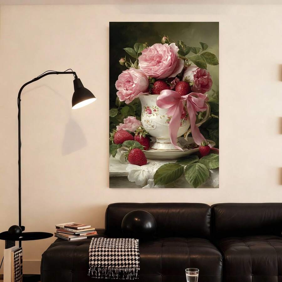 Con marco 2D plano, 2D plano, arte 2D con tazas de té románticas, rosas y fresas, perfecto para Pascua. Estos pósters de lienzo con marco de sirven como elegantes decoraciones de pared para cualquier habitación. - Enmarcado - Ver 1