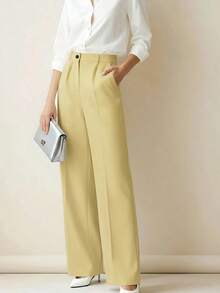 Pantalones holgados de cintura alta con pliegues, aptos para el trabajo y el uso casual, negro para primavera/verano - Cúrcuma - Ver 2