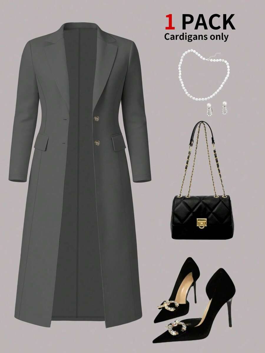 Plus Size Women's Elegant Solid Color Minimalist Long Cardigan, Versatile Black Jacket For Spring, Summer & Autumn - Grey - View 1