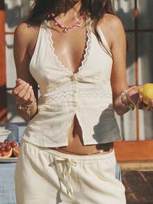 Women Halter Neck Backless Lace Trim Button Sleeveless Tank Tops V-Neck - Beige - View 2
