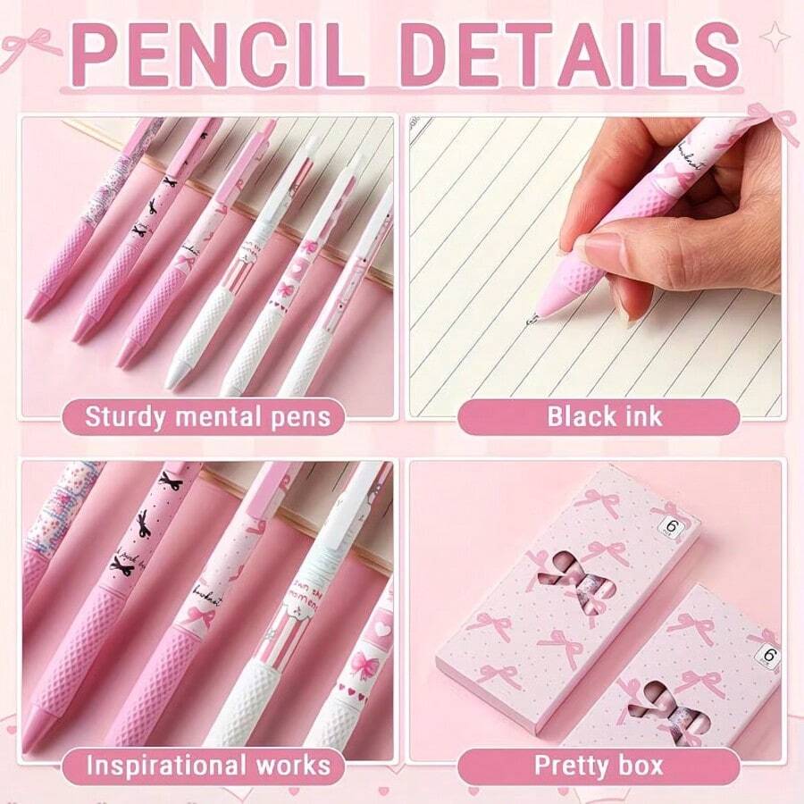 6pcs, Pink Bow Quick Dry Gel Pen, 0.5mm Fine Tip, Smooth Writing, Suitable For Office & Classroom Supplies, Teens Adults Home Office Family Education Classroom Writing Writing Writing Special Universal Writing Pen For Final Exam Gel Pen Ballpoint Pen Set, Holiday Stationery Gift Gifts