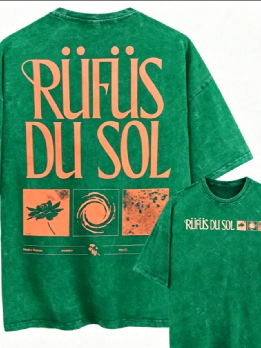 Summer TopsVintage Washed Oversized Black Tshirt Graphic Men Women Clothing Rufus Du Sol, Leaf, Circle, Texture American Vintage Rufus Du Sol 2025 Con - 綠色 - 查看 1