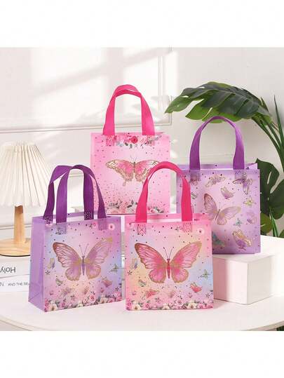 4pcs Non-Woven Fabric Butterfly Gift Bags, Pink & Purple Butterfly Pattern Gift Packaging Bags, Non-Woven Fabric Party Gift Tote Bags, Butterfly Print Shopping Bags, Office Supplies Gift Packaging Bags, Party Gifts, Wedding Birthday Party Gift Bags