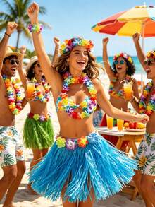 Bộ trang phục váy cỏ Hawaii 5 món kèm vòng hoa, bao gồm băng đô hoa nhiều màu sắc + vòng tay + vòng cổ + váy cỏ, thích hợp cho các lễ hội, tiệc hóa trang, biểu diễn, tiệc sinh nhật, trang phục đi biển, múa váy cỏ Hawaii. - nhiều màu - Xem 2