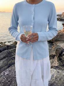 Live To Mo Black Long Sleeve Button-Up Cardigan, Casual Y2K Style. Perfect For Valentine's Day, Outings, And Everyday Wear. - Blue - View 6