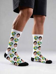Customized Photo Face Football Socks | Personalized Cartoon Soccer Player Socks | Men's Mid-Calf Sports Socks | Unique Gift For Football Fans And Boyfriends - Multicolor - View 3
