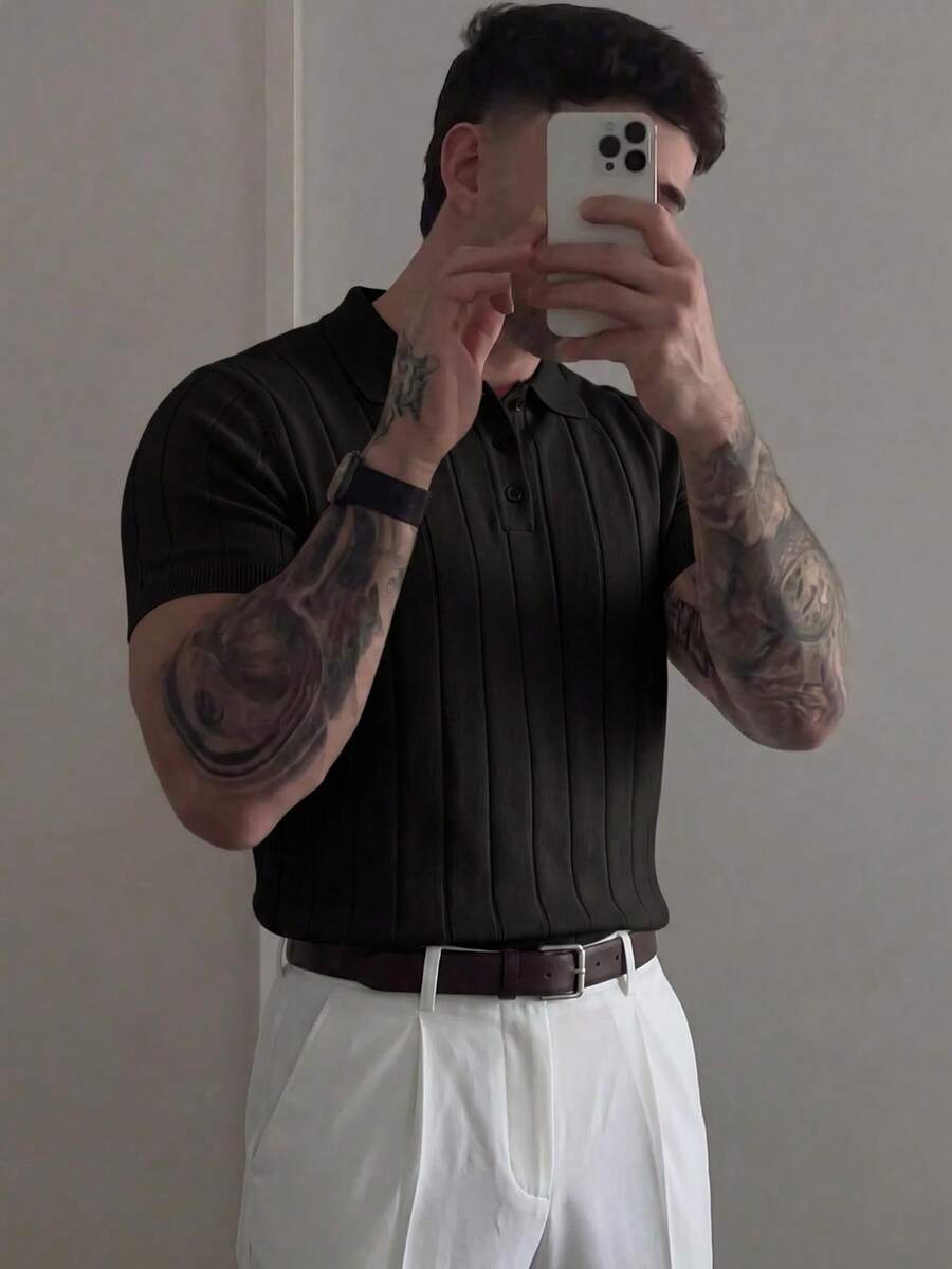 1pc Men's Solid Black Striped Polo Collar Short Sleeve Knit Sweater, New Summer Knitted Shirt With Buttons