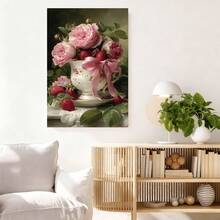 Con marco 2D plano, 2D plano, arte 2D con tazas de té románticas, rosas y fresas, perfecto para Pascua. Estos pósters de lienzo con marco de sirven como elegantes decoraciones de pared para cualquier habitación. - Enmarcado - Ver 2