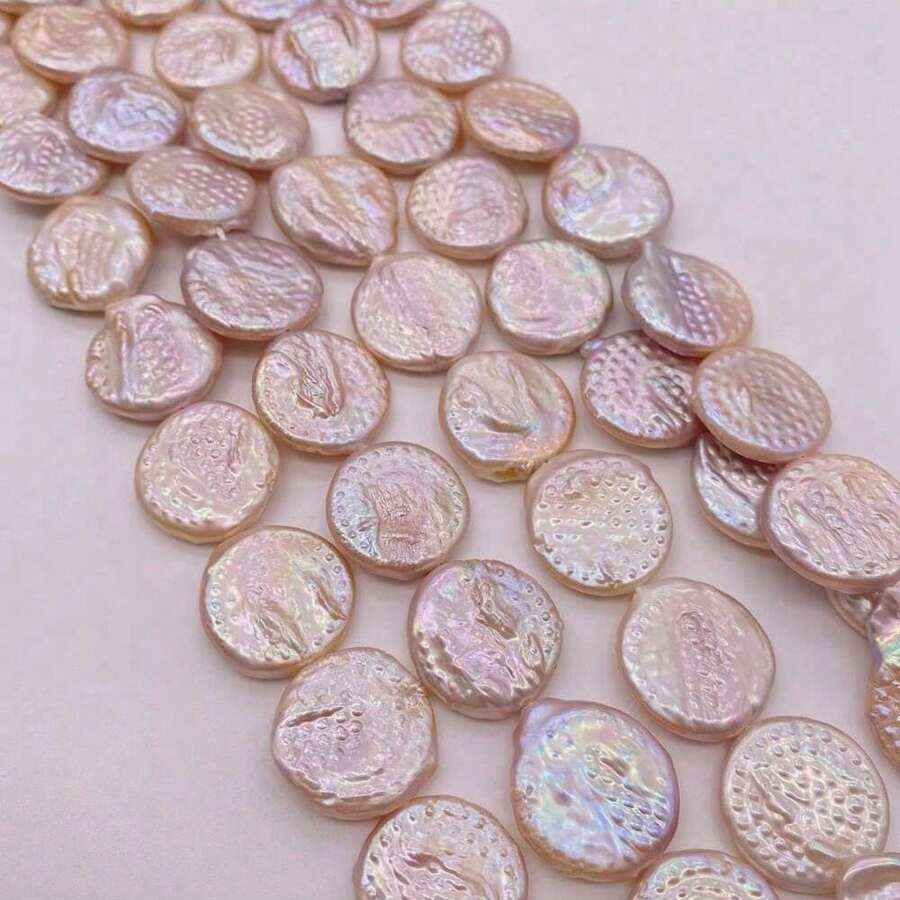 Ngọc trai nước ngọt tự nhiên hình tròn dẹt màu đào, kích thước 21mm-23mm, dùng để tự làm đồ trang sức, 1 viên, dài 38cm/14.96inch. - Màu Hồng baby - Xem 1