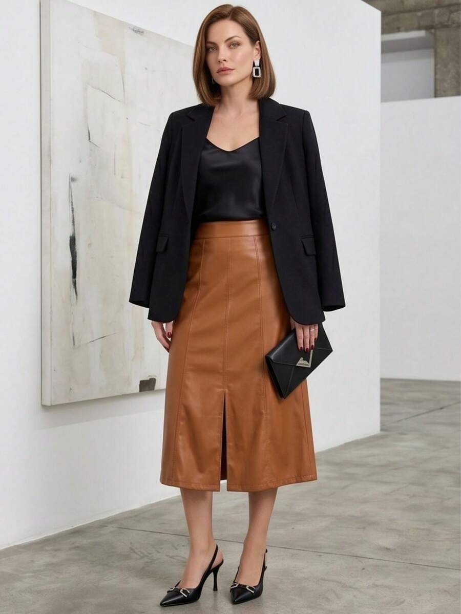 Women's Luxury High-Waisted A-Line Midi Skirt In Faux Leather - Camel - View 1