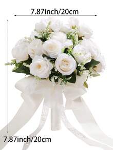 Artificial White Rose Bridal Wedding Bouquet, Lace Bow & Rhinestone Decor, Proposal Gift, Toss Bouquet - Multicolor - View 12