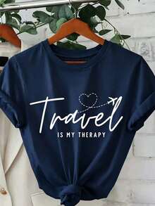Women's Cotton T-Shirt, "Travel Is My Relax" Letter,Airplane & Heart Print,NavyBlue Loose Round Neck Short Sleeve Tee,Breathable For Summer Daily Wear - 藏青色 - 查看 8