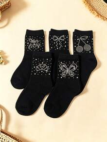 5 Pairs Kids Boat Socks, European & American Style Printed & Rhinestone Socks, Rhinestone Design Teenage Socks, Sweet Lady Princess Girl Gift, Back To School Student Daily & Sports Ankle Socks - Black - View 3