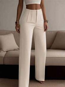Pantalones rectos de pierna ancha de unicolor para mujer, pantalones casuales de pierna recta, versátiles para diversas ocasiones y para ir al trabajo, color blanco primaveral - Albaricoque - Ver 7
