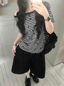 韩版夏季星形印花不对称肩条纹休闲宽松百搭短袖T恤女装 - 黑灰條紋 - 查看 4