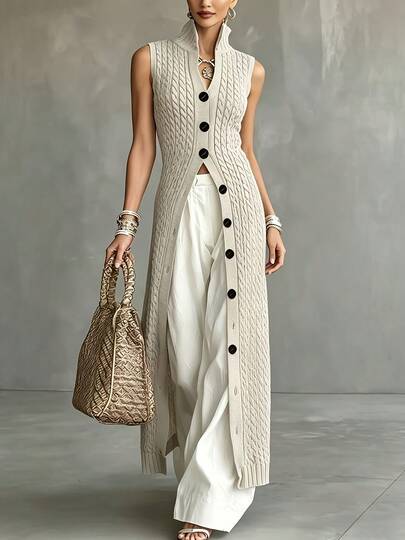 Chaleco maxi texturizado para mujer - Diseño de cuello alto sin mangas y de una sola hilera, corte holgado y favorecedor para primavera, verano y otoño