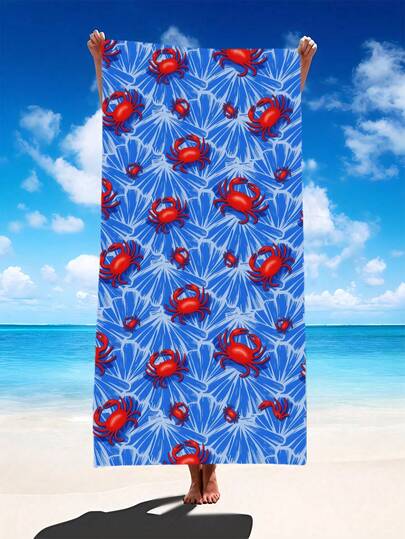 一条蓝色底红色蟹壳图案的全印花沙滩巾，多种尺寸可选。速干、柔软、便携、时尚。采用防沙且超强吸水的超细纤维材质。风格：波西米亚风、热带风、复古风、趣味风、瑜伽风、野餐风，防紫外线。是海滩、游泳池和户外活动的理想之选；也是旅行、露营、瑜伽、健身和游泳的必备单品，男女皆宜。