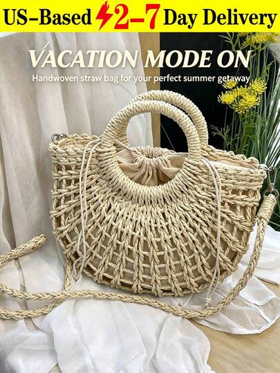 [US-Based Shipping]1pc Women Half-Moon Hollow Out Straw Crossbody Bag, Handwoven Braided Dual-Use Handbag With Drawstring Lining & Detachable Strap, Fashion Boho Summer Beach Tote Bag For Women, Vacation Essential Bag For Travel Shopping Daily Use Cruise Camping, Mother's Day Gift Teacher Appreciation Gifts For Women, Travel Cruise Camping Essentials Beach Accessories, Hottest Newest Holiday Woven Bag For Women, Bolsos Para Mujer Carteras De Mujer Elegantes