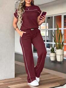 Conjunto de 2 piezas de top de manga corta de cuello redondo y pantalones rectos de cintura alta de unicolor minimalista para mujer, primavera/verano - Borgoña 29 - Ver 6