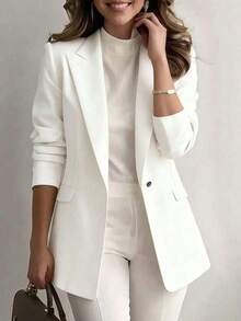 Chaqueta de blazer de unicolor con solapa para mujer, de manga larga con botones y bolsillos, adecuada para otoño, invierno y primavera.Chaqueta de oficina de manga larga, prenda exterior versátil para negocios y hogar, apta para otoño, invierno y primavera - Blanco - Ver 7