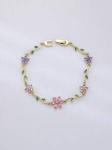1pc Bohemian Style Multi-Color Zirconia Flower Bracelet With Delicate Leaf Chain, Women's Daily Wear & Date Jewelry Gift - Flower Chain - View 16