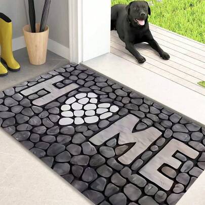 1pc Faux Gray & White Stone Mosaic Letter Pattern Non-Slip Kitchen Mat, Holiday Party Decor Floor Mat/Carpet, Anti-Slip Anti-Oil Rug, Quick Dry Carpet For Kitchen, Hallway, Bathroom, Laundry Room, Home Decor