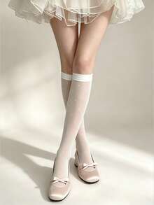 1 đôi tất dài mỏng màu trắng chấm bi mùa hè, tất cao đến đùi đa năng kiểu Lolita. - Nhiều màu - Xem 4