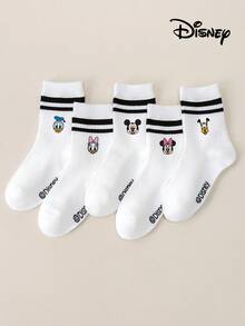 Disney 5件套卡通人物印花儿童中筒护腿套，图案包括史迪奇、唐老鸭、黛丝鸭，白色双条纹护腿套 - 彩色 - 查看 5