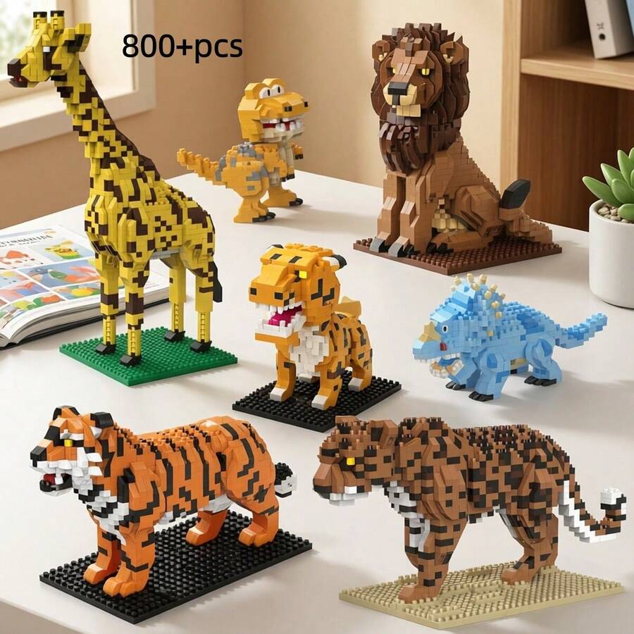 800+Pcs Giraffe & Tiger Animal Building Blocks Toy, Adult Creative Decompression Animal Assembly Model DIY, Suitable For Birthday Gift, Girlfriend, Boyfriend, Valentine's Day, Christmas, Halloween - Multicolor - View 1
