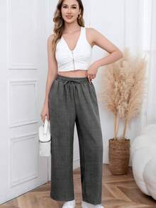Women's Casual Polyester Drawstring Waist Wide Leg Pants, Long Baggy Trousers With Slight Stretch For Chic Style - 灰色 - 查看 2