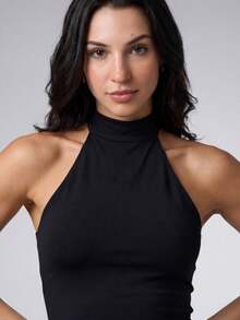 Women's Halter Neck Blouse With Asymmetrical High Neck And Elastane In Polyamide - Negro - Ver 2