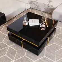 Coffee Table, High Gloss Living Room Table, Side Table With Drawers And Gold Details. - Black - View 4