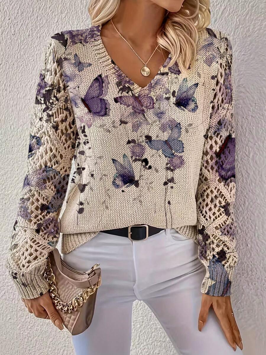 Suéter elegante de manga comprida com estampa floral e decote em V, versátil para primavera, verão, outono e inverno, estilo boêmio, blusa de tricô moderna para o escritório, para usar na rua, em casa e em viagens. - Roxa - Ver 1
