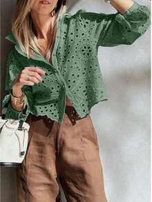 Solid Color Embroidered Ruffle Tie Front Vacation Shirt Summer - Green - View 8