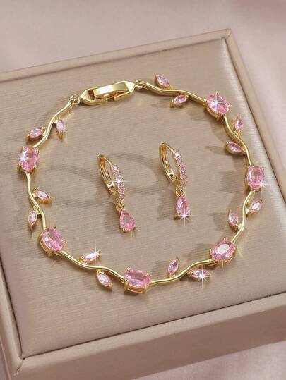  三件套优雅铜质时尚全镶钻祖母粉、紫、绿花朵、叶子链手链和耳环套装，链长20厘米，低过敏性，个性设计，适合女性日常、节日、约会、派对、婚礼等场合佩戴，也可作为情人节、母亲节礼物。