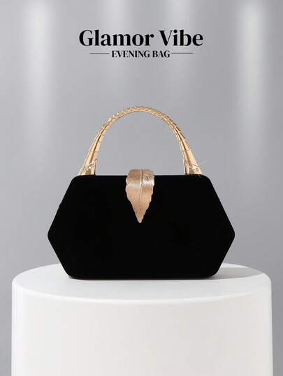 Glamor Vibe Luxury Black Velvet Evening Bag, Gold Leaf Metal Lock Top Handle Clutch Purse, Detachable Chain Crossbody Shoulder Bag For Women Wedding Cocktail Prom Formal Party Banquet Handbag