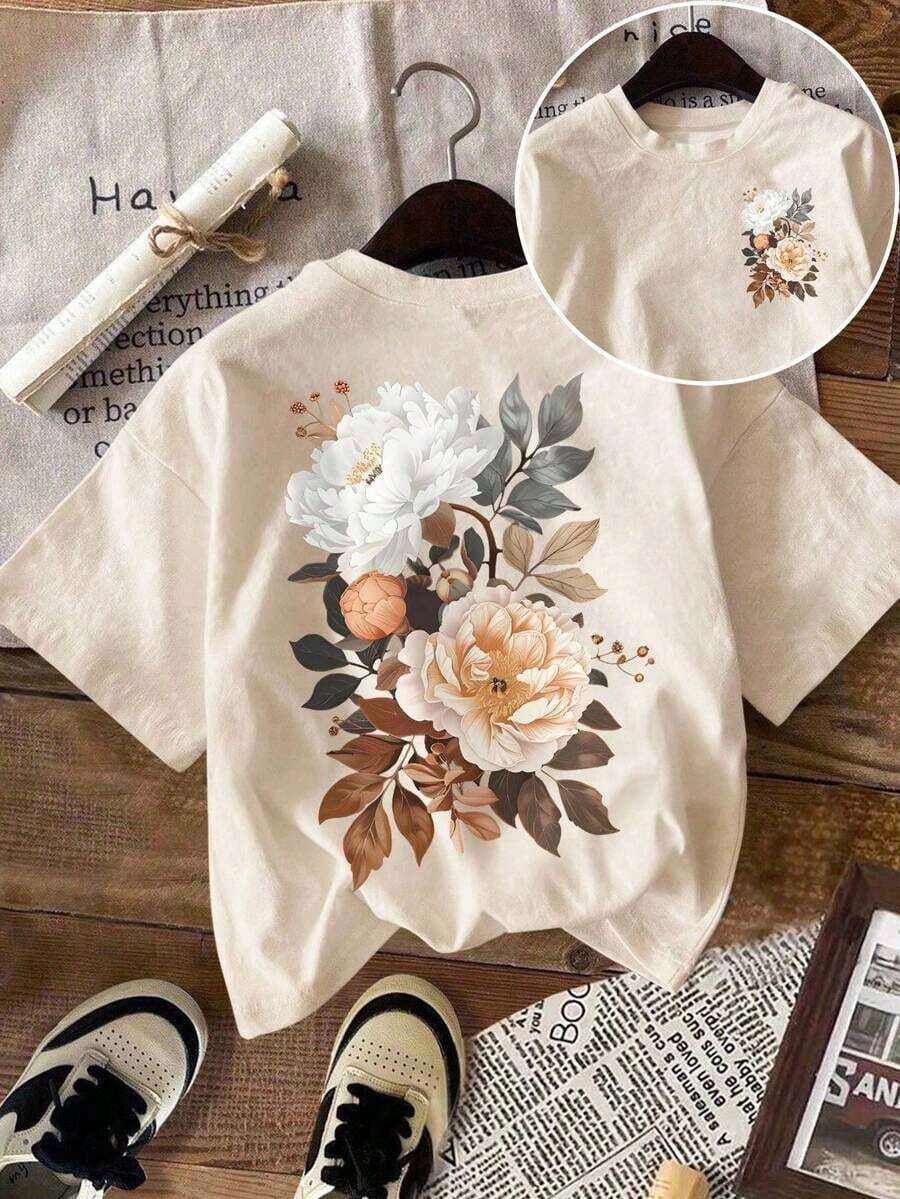 1PSCCamisetas de manga corta con cuello redondo y estampado floral y de pintura oriental para hombre - Albaricoque - Ver 1